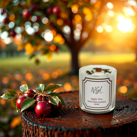 10oz wood wick apple tree candle on a tree stump surrounded by apple trees