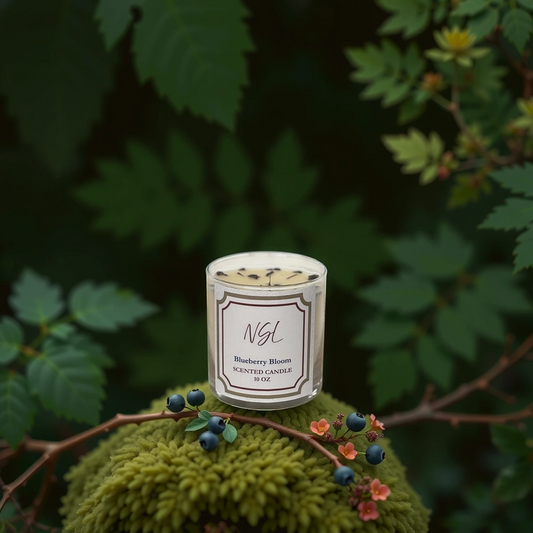 10oz wood wick blueberry bloom candle in a forest background