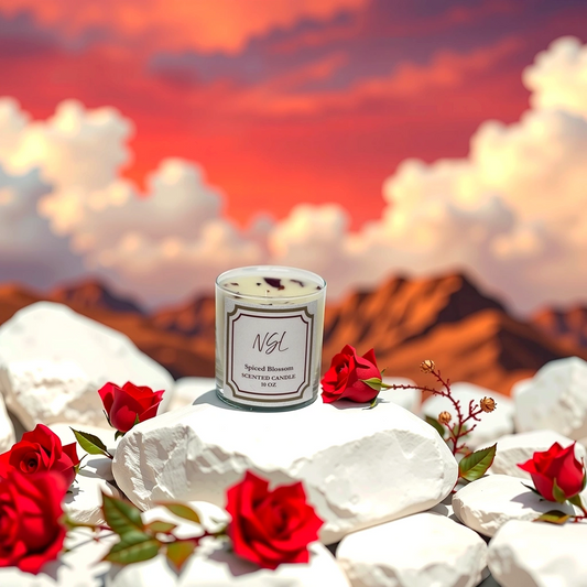 10oz cotton wick spiced blossom candle on white rocks surrounded with roses and a red sky