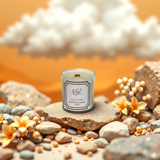 10oz wood wick sweet vanilla candle on rocks and a orange sky