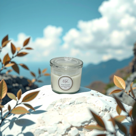 15oz cotton wick fresh ground candle on white rocks with a blue sky