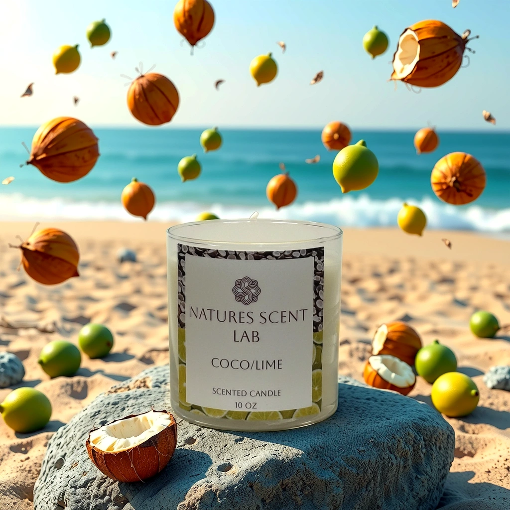 10oz coco/lime candle on a beach on top of a rock with coconuts and limes falling from the sky in the background