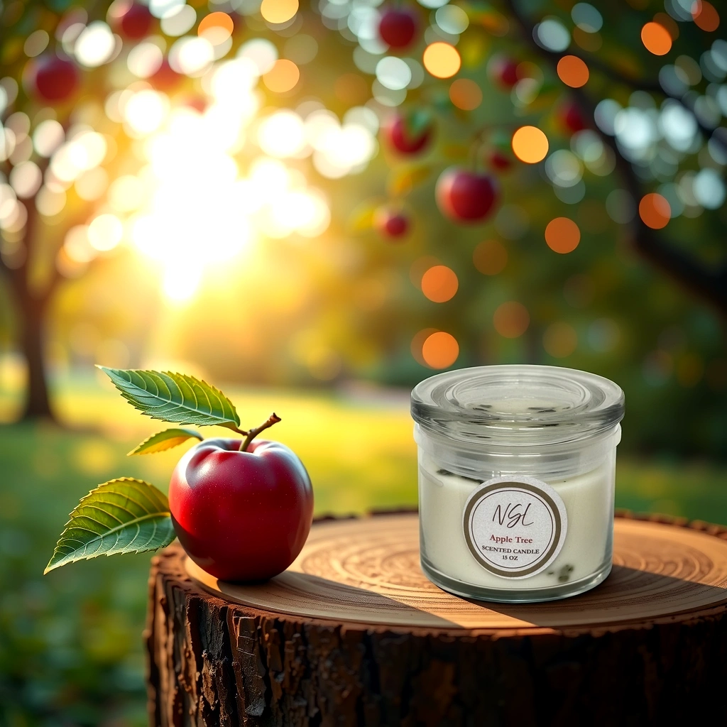 15oz wood wick apple tree candle on a tree stump surrounded by apple trees
