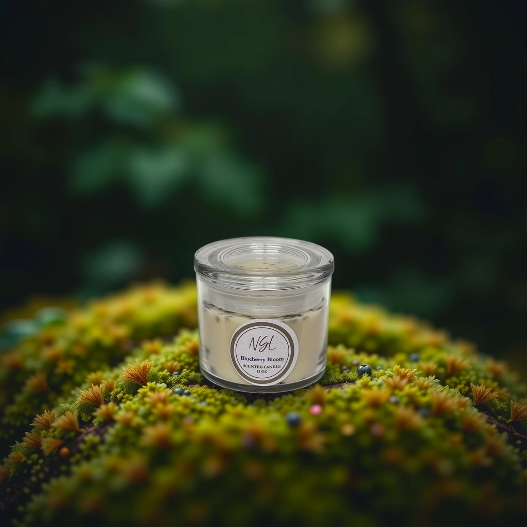 15oz wood wick blueberry bloom candle in a forest background