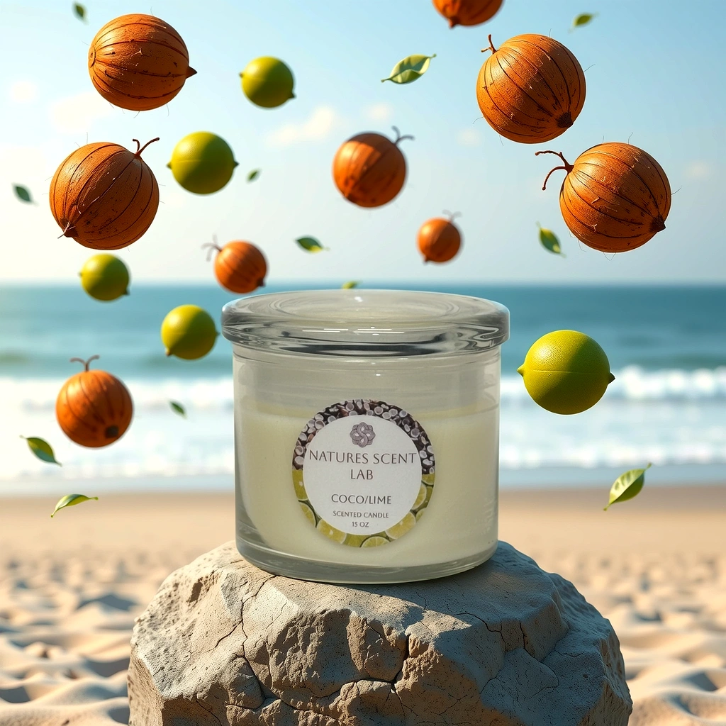 15oz coco/lime candle on a beach on top of a rock with coconuts and limes falling from the sky in the background