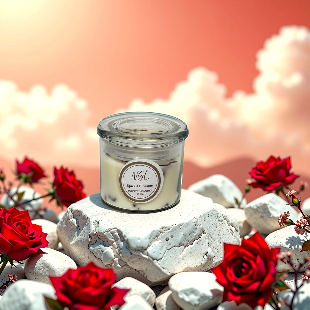 15oz cotton wick spiced blossom candle on white rocks surrounded with roses and a red sky