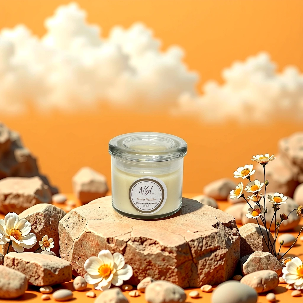 15oz wood wick sweet vanilla candle on rocks and a orange sky