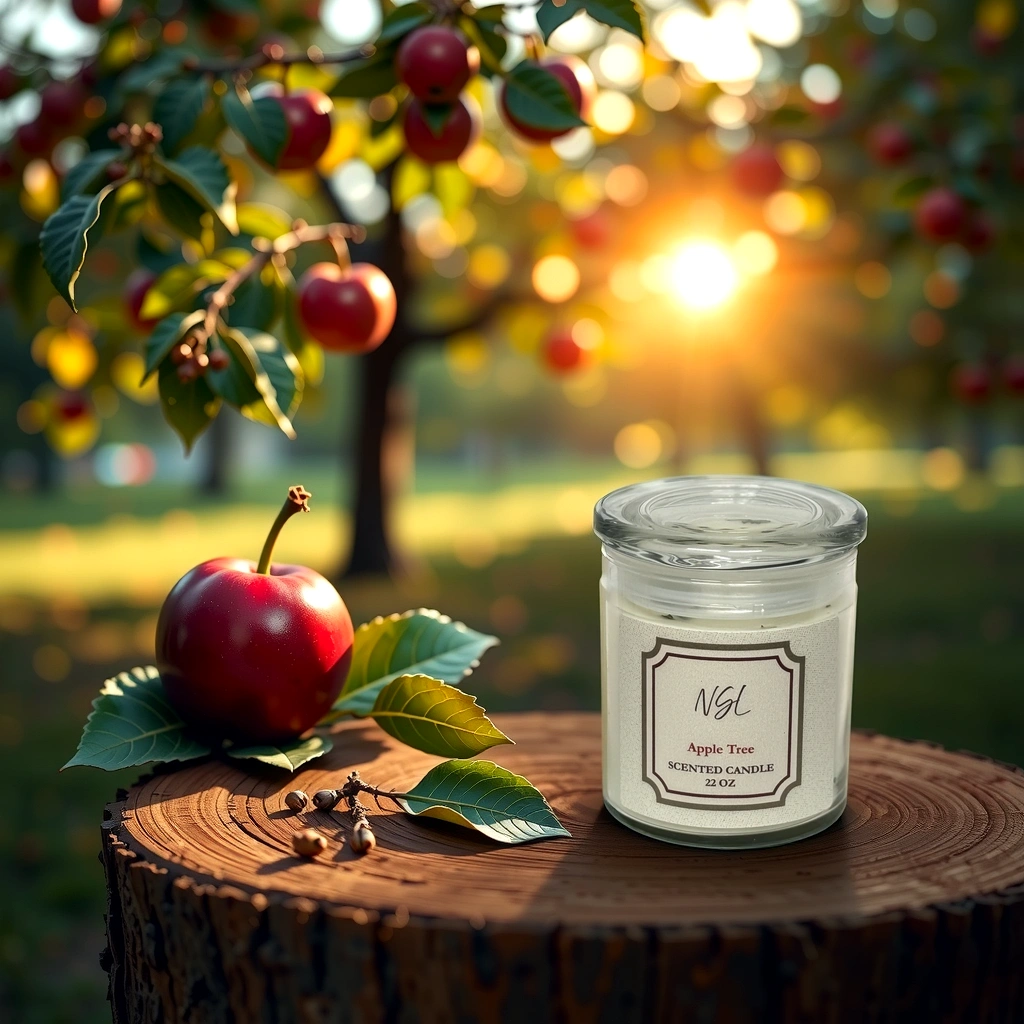 22oz wood wick apple tree candle on a tree stump surrounded by apple trees