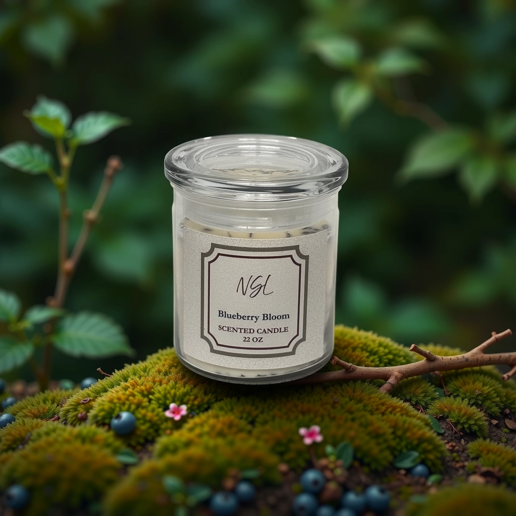 22oz wood wick blueberry bloom candle in a forest background