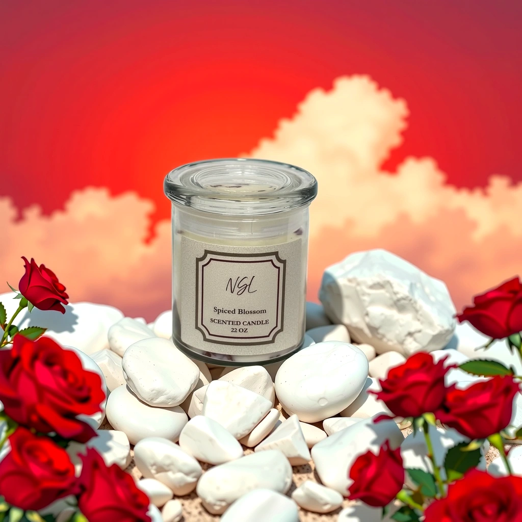22oz cotton wick spiced blossom candle on white rocks surrounded with roses and a red sky