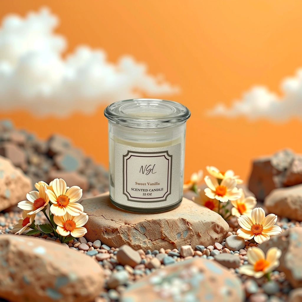 22oz wood wick sweet vanilla candle on rocks and a orange sky