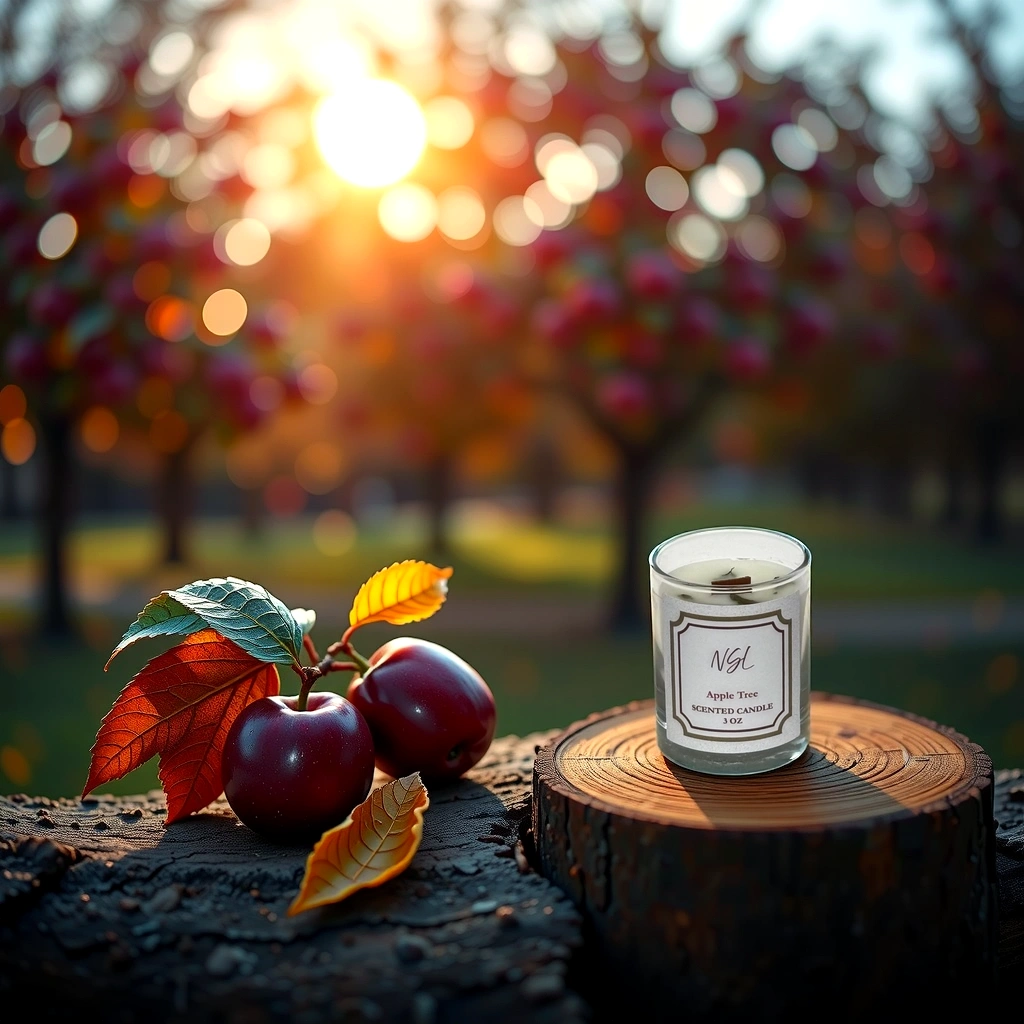 3oz wood wick apple tree candle on a tree stump surrounded by apple trees