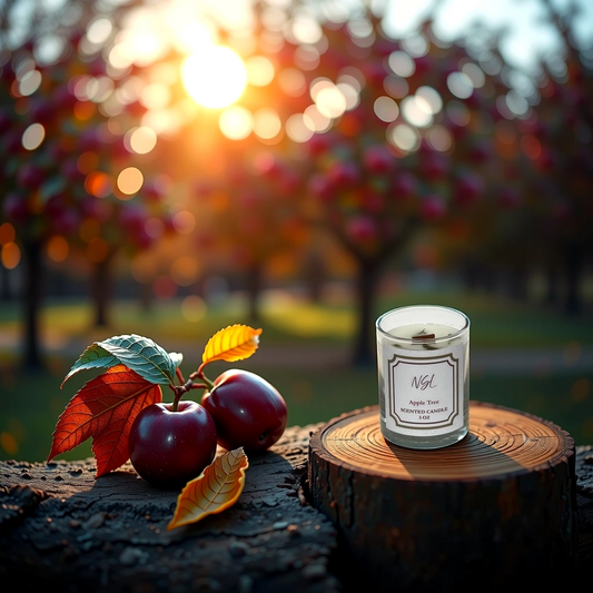 3oz wood wick apple tree candle on a tree stump surrounded by apple trees