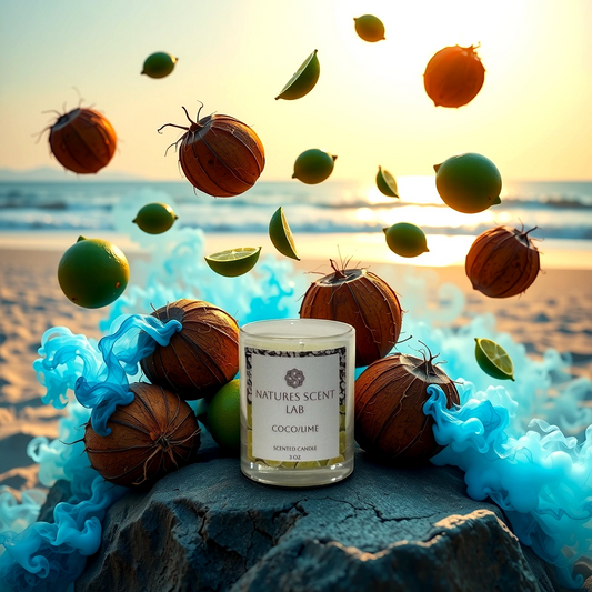 3oz coco/lime candle on a beach on top of a rock with coconuts and limes falling from the sky and blue smoke in the background. 
