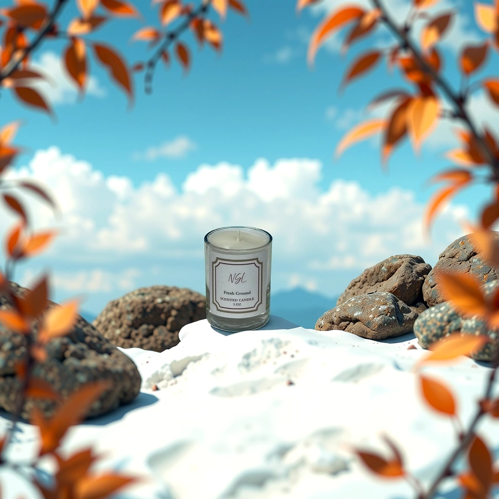 3oz cotton wick fresh ground candle on white rocks with a blue sky
