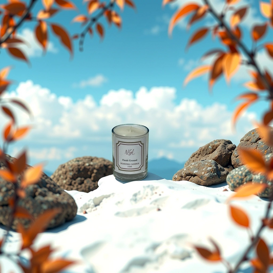 3oz cotton wick fresh ground candle on white rocks with a blue sky