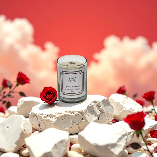3oz cotton wick spiced blossom candle on white rocks surrounded with roses and a red sky