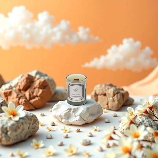3oz wood wick sweet vanilla candle on rocks and a orange sky