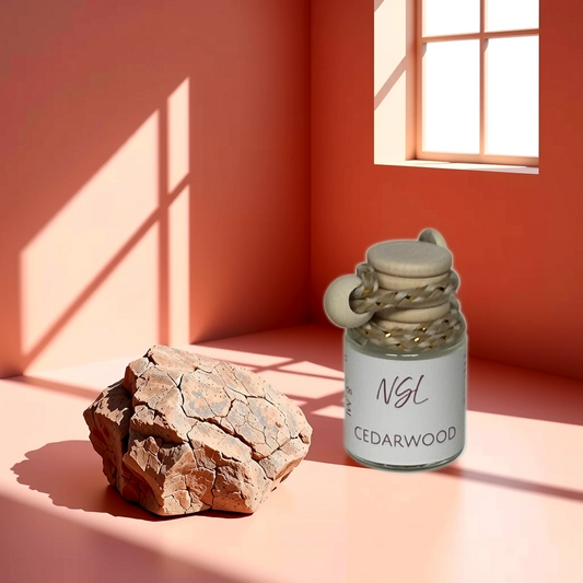 cedarwood hanging diffuser on a light red background next to a rock