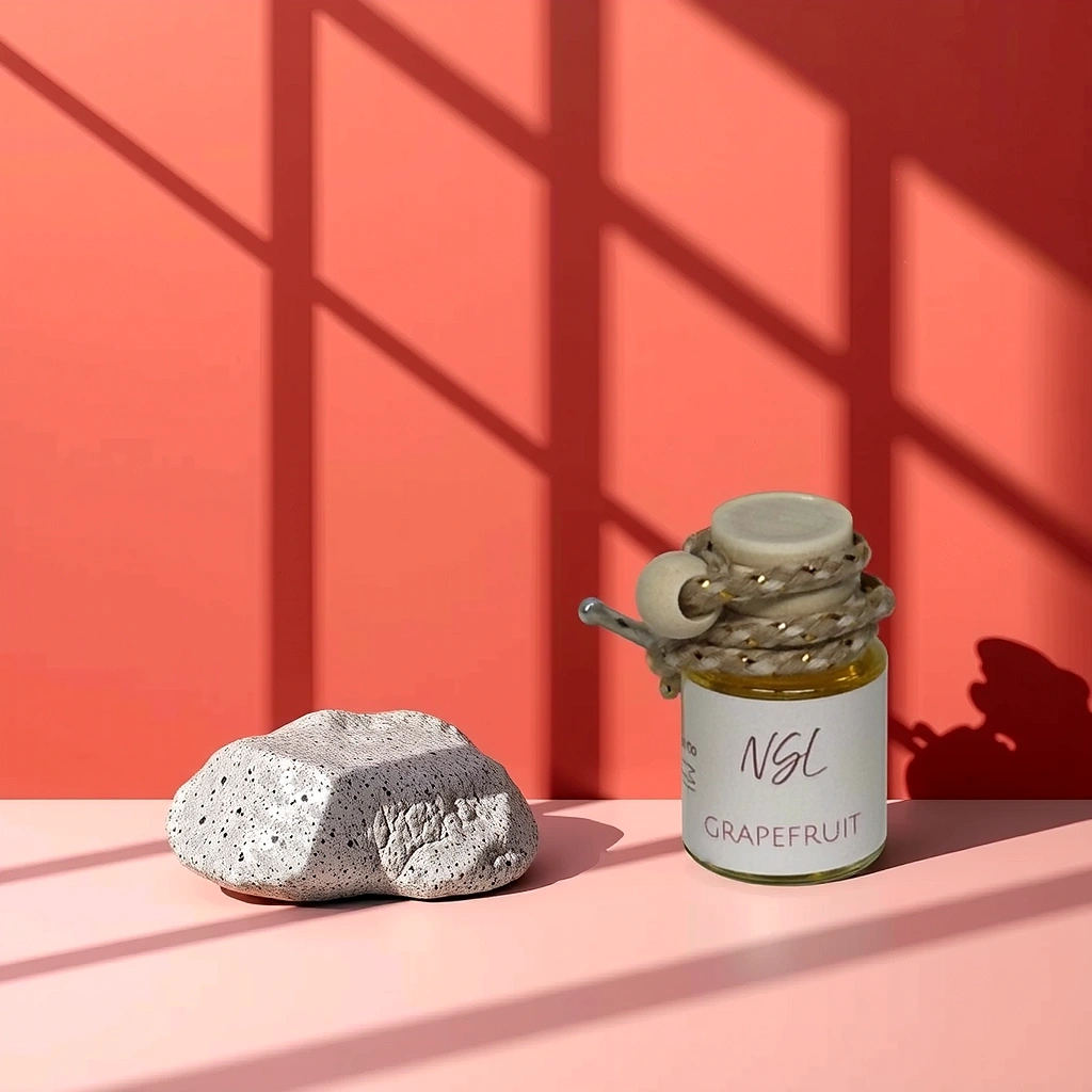 Grapefruit hanging diffuser on a red wall and pinkish table next to a rock