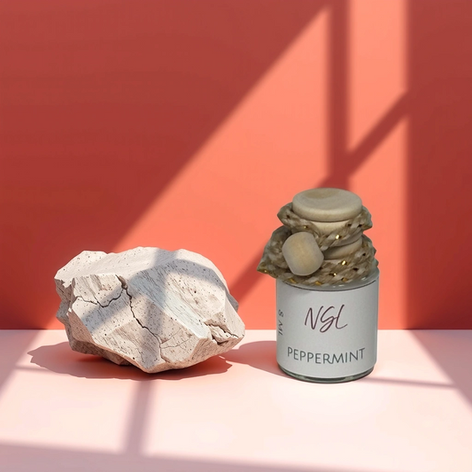 peppermint hanging diffuser on a red wall and pinkish table next to a rock